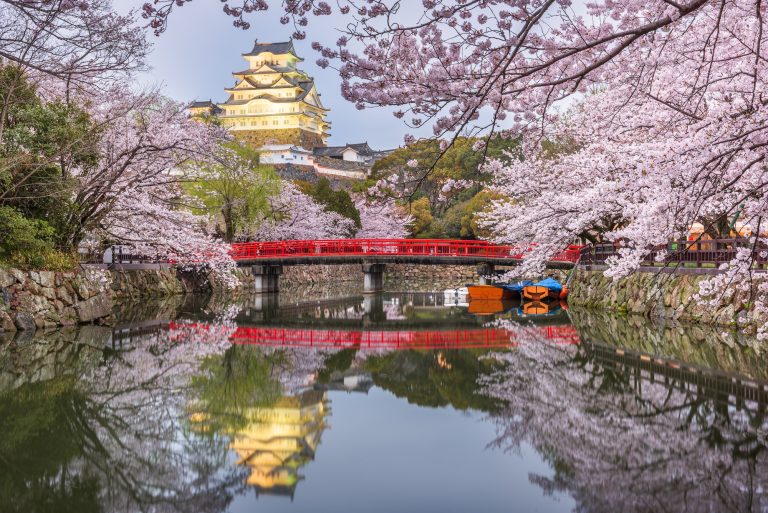 Himeji, Japan at Himeji Castle's Surrounding Moat in the Spring Season
